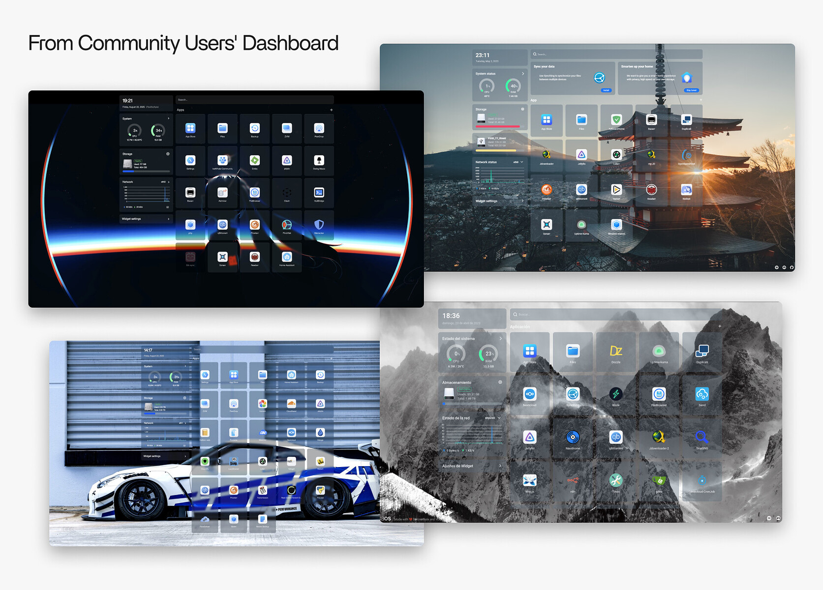 Shared by community users: screenshots of dashboards with customized widgets and app icons in ZimaOS