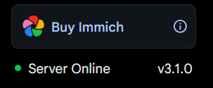 Immich successfully reporting v3.1.0 in a working setup Interfaccia web di Immich che mostra il server online alla versione 3.1.0