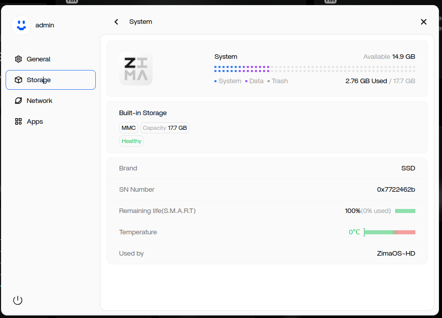 Fresh install of ZimaOS 1.5.1 on Zimaboard 832 shows emmc storage