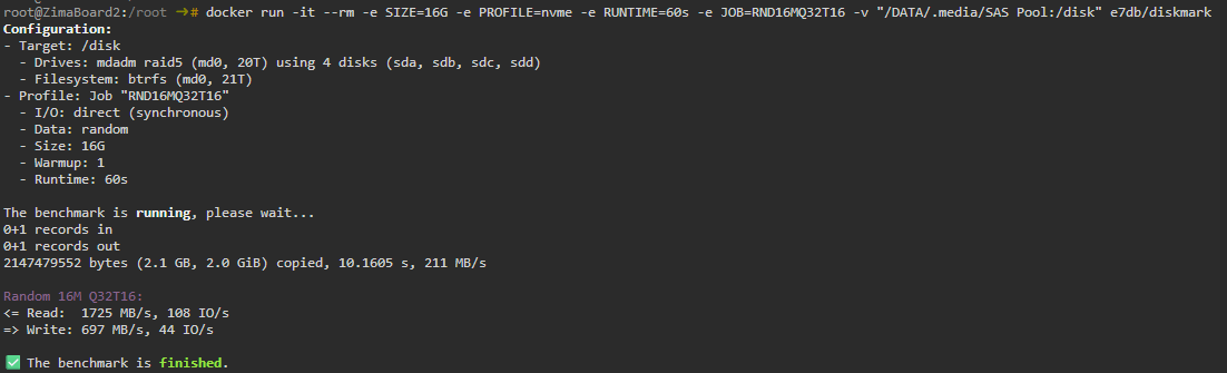 Terminal benchmark on a four-disk ZimaOS RAID5 built from HBA-attached SAS SSDs