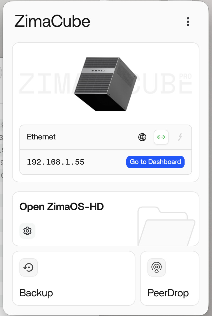 ZimaClient ansluten efter uppdatering av macOS ZimaClient som visar en ansluten ZimaCube med Ethernet-IP-adress och en knapp till webbpanelen