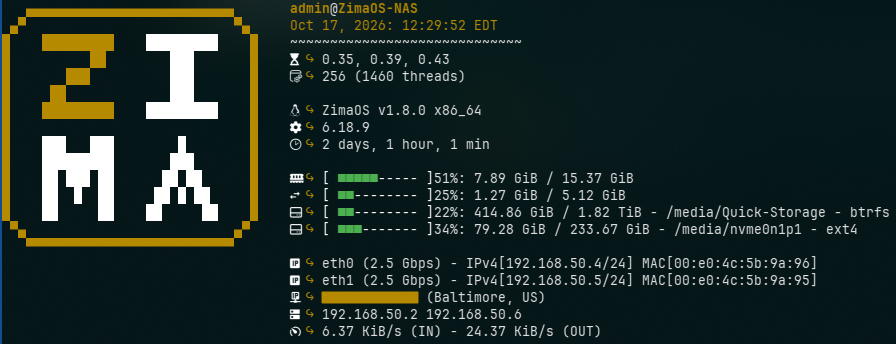 Screenshot of my Fastfetch login preset for ZimaOS with large ASCII logo