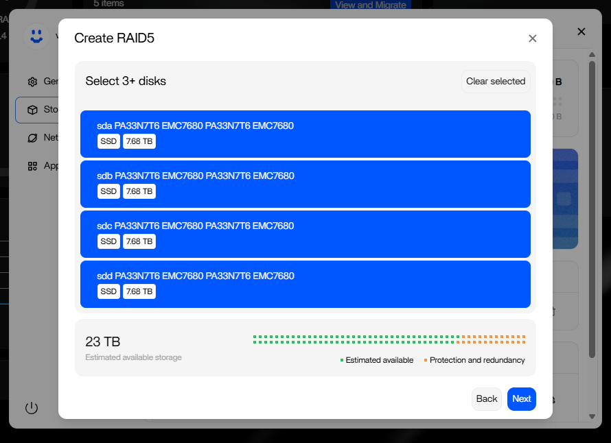 ZimaOS RAID5 creation dialog showing four 7.68 TB SAS SSDs detected through an LSI HBA