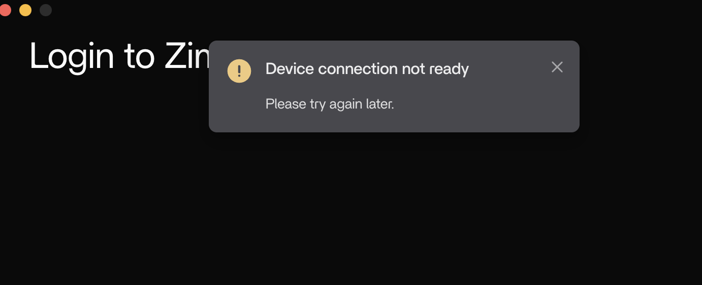 Felet Device connection not ready i ZimaClient ZimaClient-felmeddelande med texten Device connection not ready